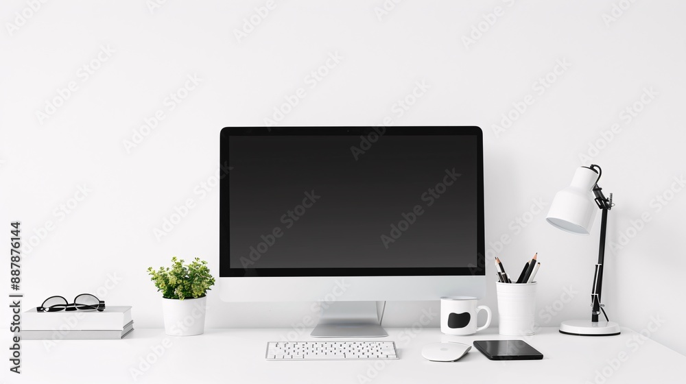 Modern Office Desk with Contemporary Workspace Planning, Notebook, and Other Equipment Modern Office Desk with Contemporary Workspace Planning, Notebook, and Other Equipment