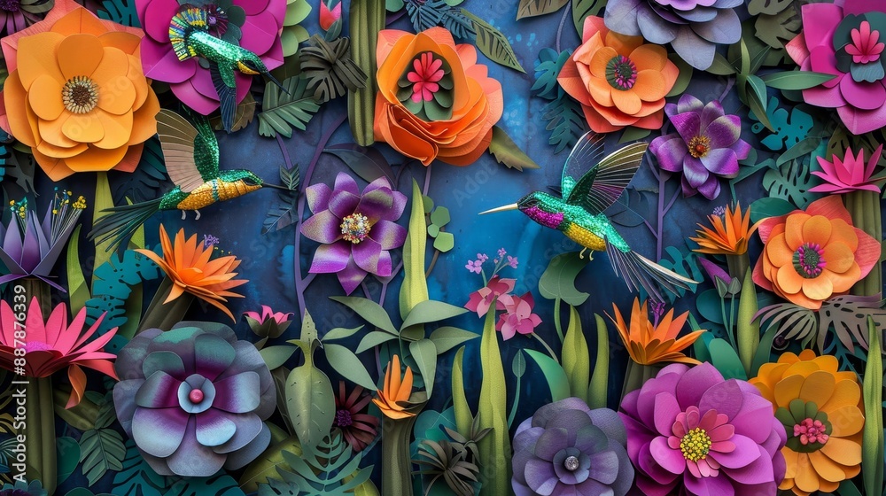 Hummingbirds among papel picado flowers vibrant 5 de Mayo fiesta wallpaper