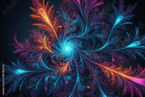 Abstract neon fractal wallpaper, featuring vibrant, intricate patterns and glowing colors, perfect for modern, dynamic designs.