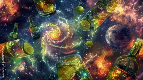 Swirling tequila bottles and lime slices vibrant colors in 5 de Mayo cosmic wallpaper