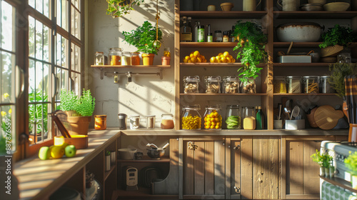 A beautiful, sunny pantry, bathed in sunlight, showcasing organized shelves filled with neatly arranged kitchen supplies and ingredients.


