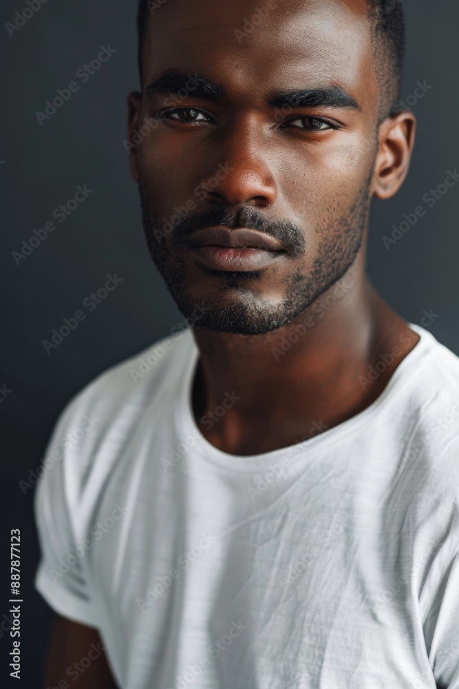 Obraz premium hyper realistic photograph of a handsome african american man in a white t-shirt looking directly at the camera.
