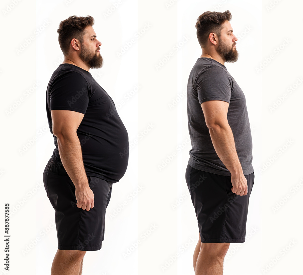 Before and after weight loss transformation of overweight man to slim