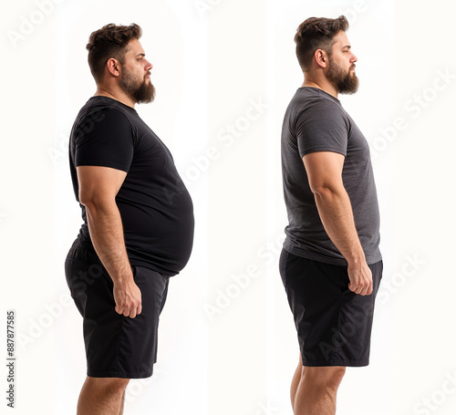 Before and after weight loss transformation of overweight man to slim. Concept Weight Loss Transformation, Before and After Photos, Overweight to Slim, Body Transformation, Fitness Journey