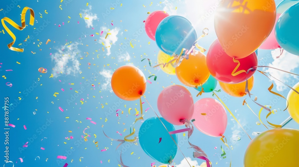 Fototapeta premium Whimsical balloons and streamers against clear blue sky in festive background