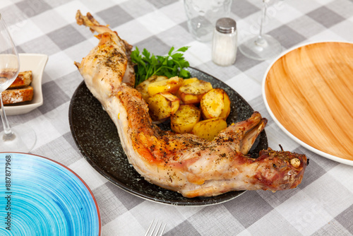 Plate with whole baked spicy young leveret served with vegetable garnish of potatoes and sprigs of fresh greens photo