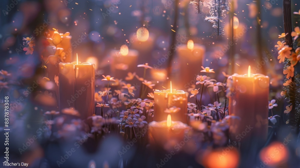 Φωτογραφία Glowing candles and delicate flowers with 'Teacher's Day' as background