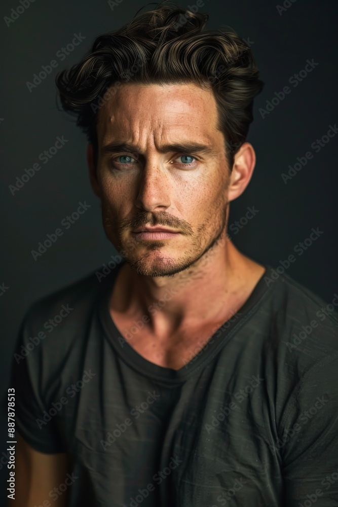 hyper realistic photograph of a handsome american man in a t-shirt looking directly at the camera. hyper realistic photograph of a handsome american man in a t-shirt looking directly at the camera.