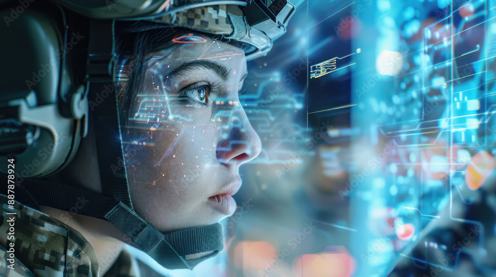 Female Military Operative Using AI for Weaponry and Cyber Security Female Military Operative Using AI for Weaponry and Cyber Security