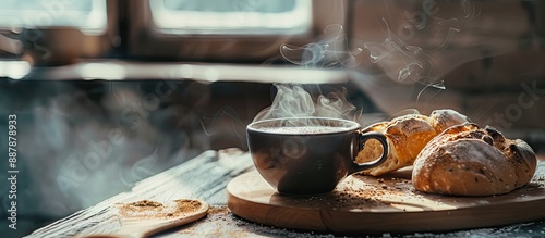 A steaming cup of coffee wi...