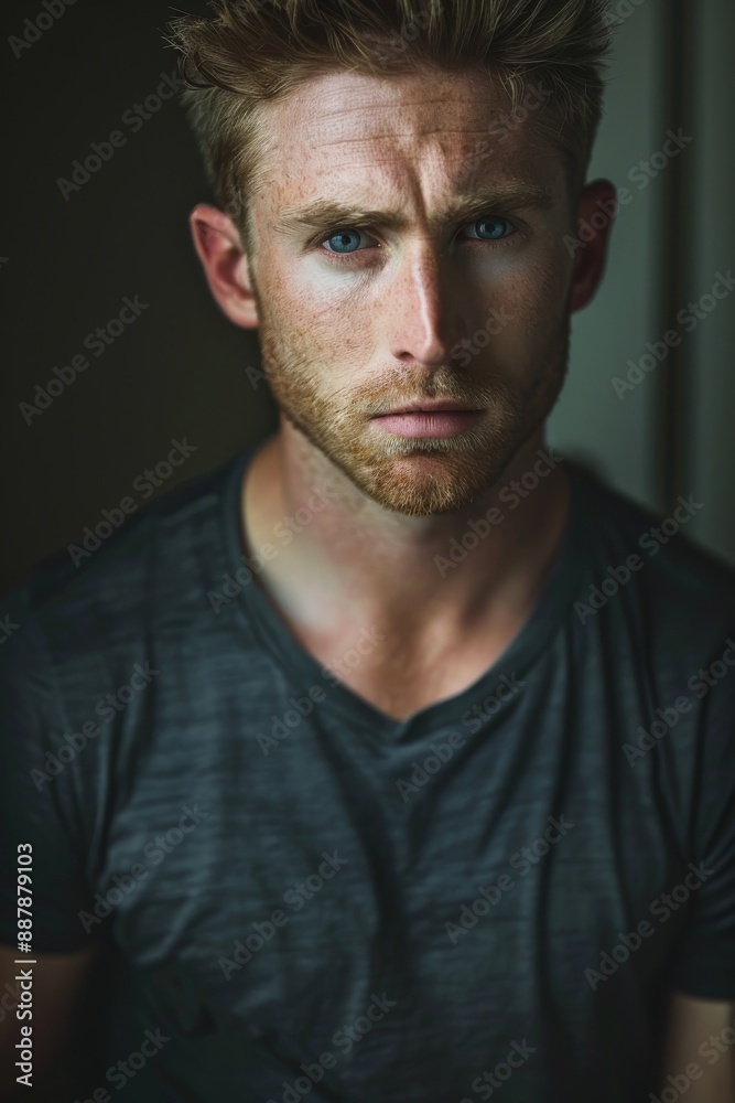 hyper realistic photograph of a handsome american man in a t-shirt looking directly at the camera. hyper realistic photograph of a handsome american man in a t-shirt looking directly at the camera.