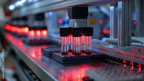 Close-up of a robotic arm transferring liquid samples into a multi-well plate on an automated laboratory system. photo