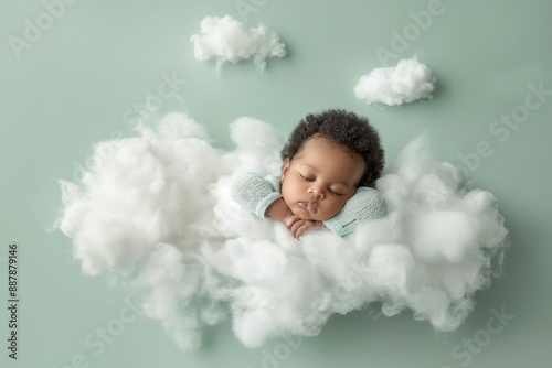 Cute Sleeping Afro Baby Sleeping On A White And Soft Cloud, Studio Photo, A Light Green Background, Baby Floating On A Cloud