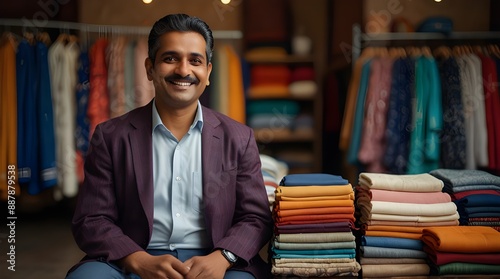 Happy Indian cloth merchant or clothing store owner sitting in shop looking at camera.generative.ai
