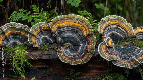 The species of turkey tail mushroom is Trametes versicolor. In the Pacific Northwest, Trametes versicolor (turtle tail mushrooms) growing on a log. Generative AI photo