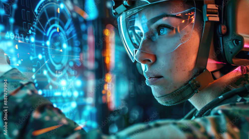 Female Military Operative Using AI for Weaponry and Cyber Security Female Military Operative Using AI for Weaponry and Cyber Security