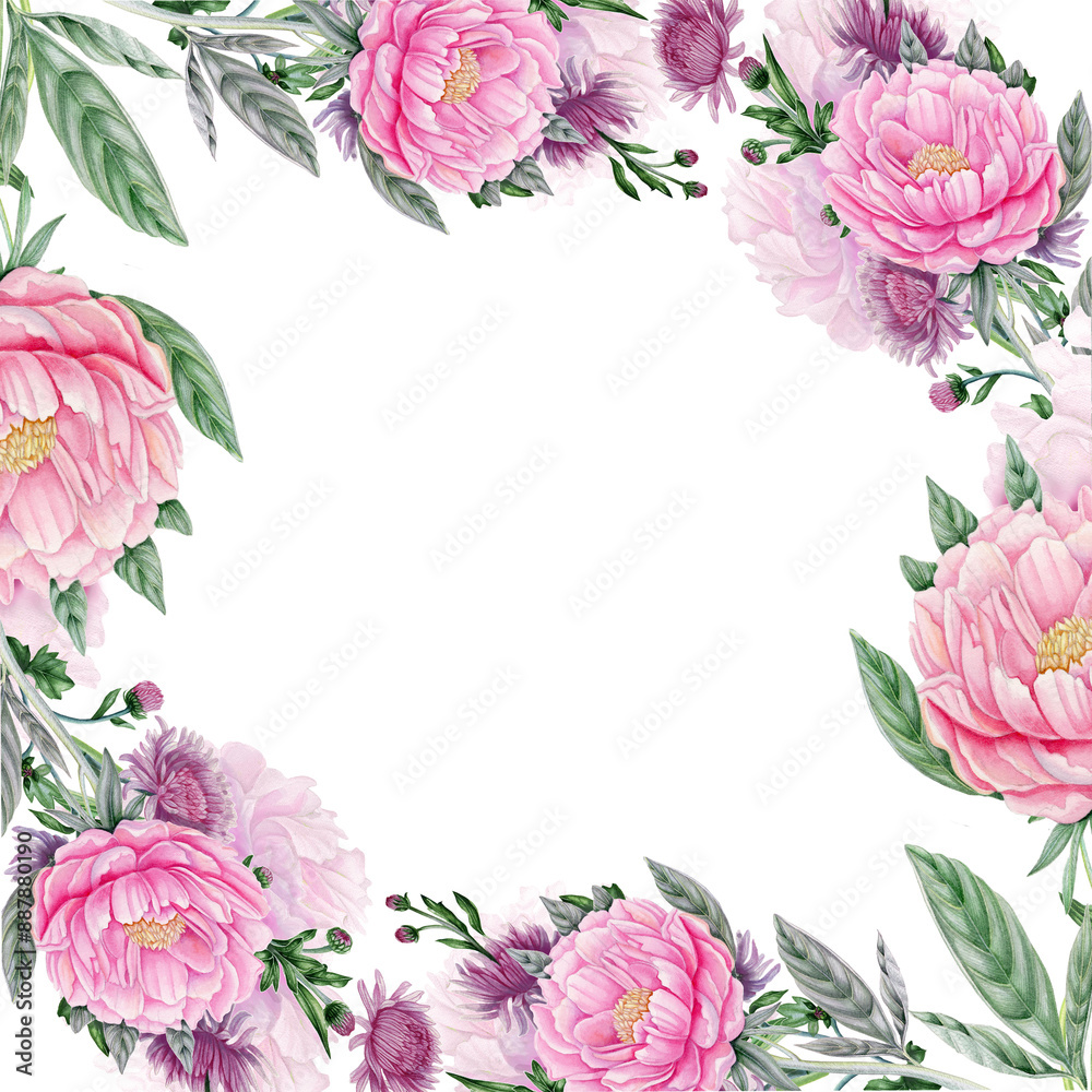 Square frame with tender pink peonies, buds, branches, chrysanthemum flowers. Template for creating postcards, holiday flyers, advertisements etc. Cutout on white. Square frame with tender pink peonies, buds, branches, chrysanthemum flowers. Template for creating postcards, holiday flyers, advertisements etc. Cutout on white.