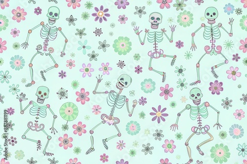 Dancing skeletons in the floral garden. Vector holiday illustration for the Day of the Dead or Halloween. Funny fabric design