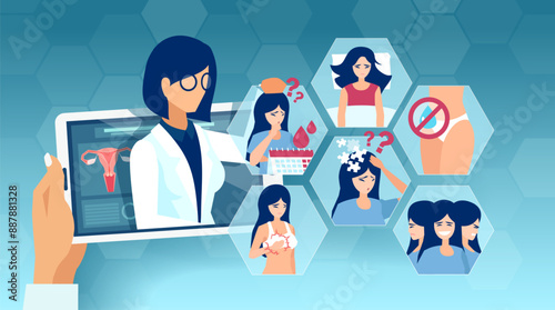 Vector of a doctor giving online consultation to a female patient with menopause symptoms

