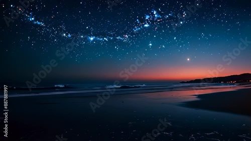Video animation of night sky filled with stars over a tranquil beach. The horizon, where the sky meets the sea