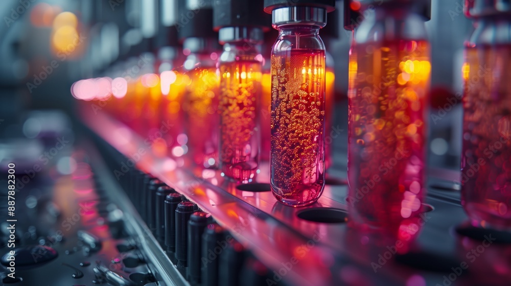 A close-up image of vials filled with a red liquid moving along a conveyor belt in a pharmaceutical facility. A close-up image of vials filled with a red liquid moving along a conveyor belt in a pharmaceutical facility.