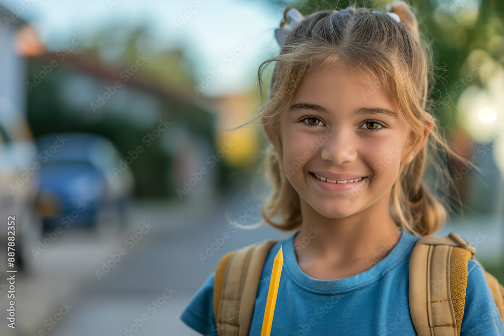 A young girl with a backpack and a yellow pencil is smiling A young girl with a backpack and a yellow pencil is smiling