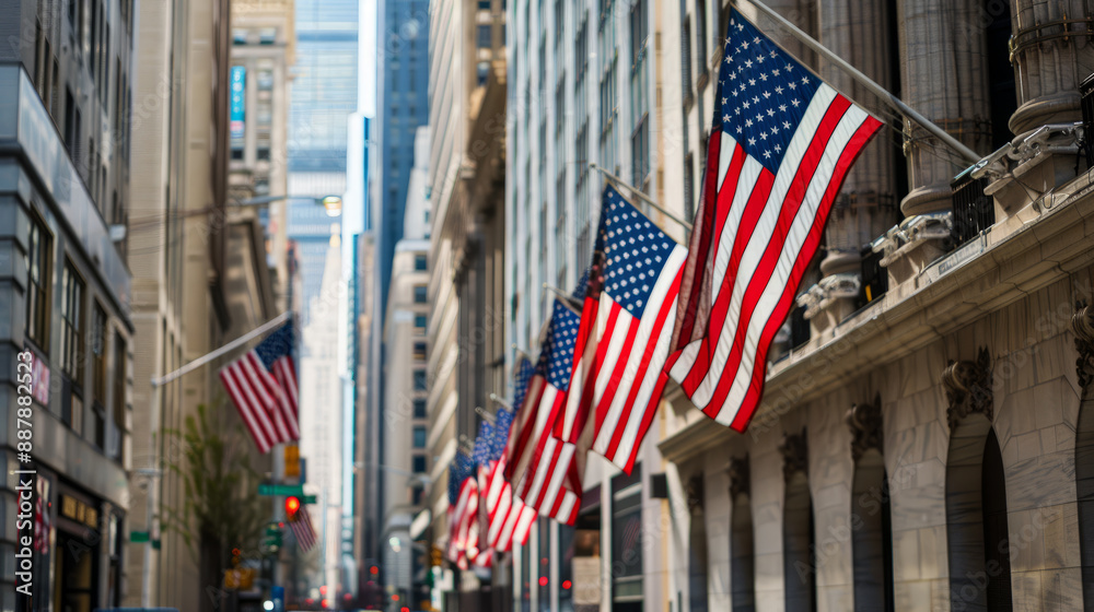 Street lined with American flags on building facades in downtown New York City, showcasing patriotism and urban architecture. Memorial Day, Patriot Day, Vote and Patriotism background.
