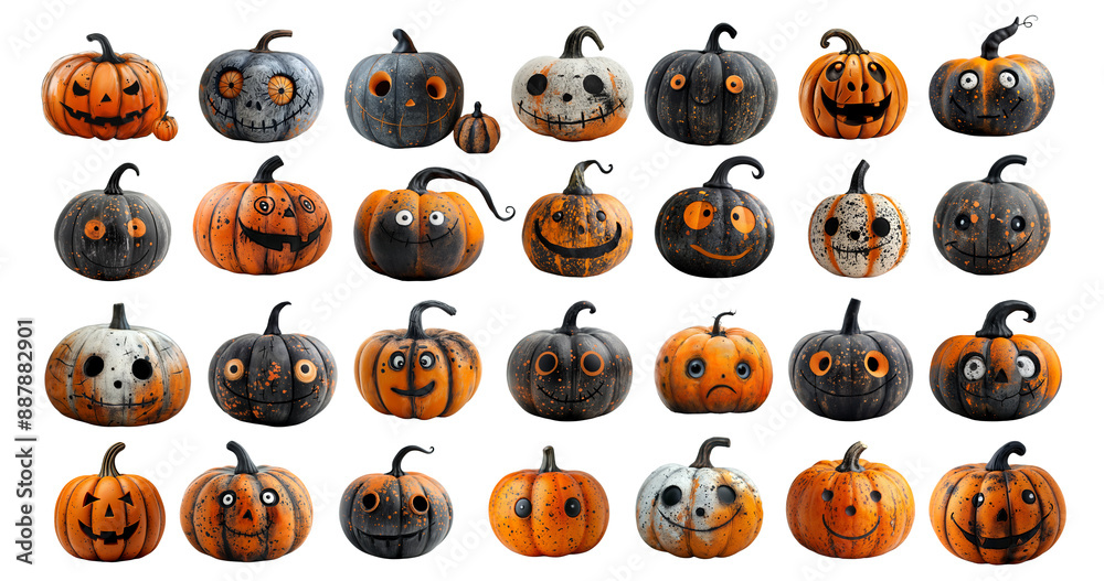 Fototapeta premium Cartoon Jack o lantern with a creepy carved Halloween pumpkins faces black and orange set isolated on a white background