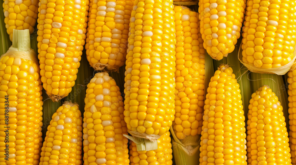 Close-up of multiple fresh yellow ears of corn partially husked. Close-up of multiple fresh yellow ears of corn partially husked.