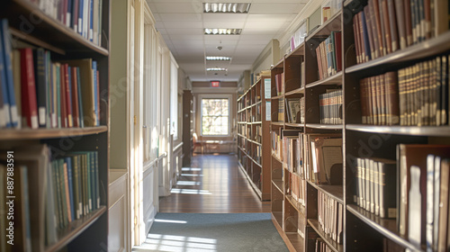 Interior of a library hallway with bookshelves filled with books on both sides. Sunlight filters through windows, creating a warm and inviting atmosphere.