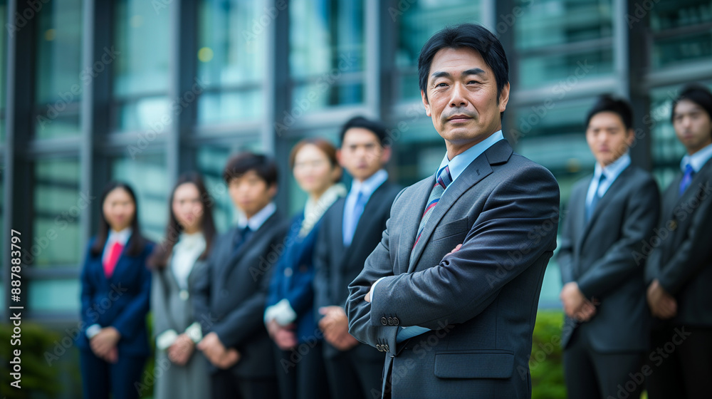 スーツを着た法人代表と社員達