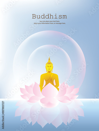 Buddha statue sitting in a pink lotus flower vector illustration background - Magha Puja, Asanha Puja, Vesak Puja Day, Thailand culture