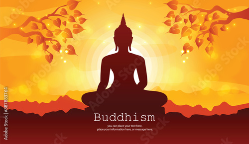 Buddha statue meditating under a Bodhi tree on a golden yellow vector illustration background - Magha Puja, Asanha Puja, Vesak Puja Day, Thailand culture