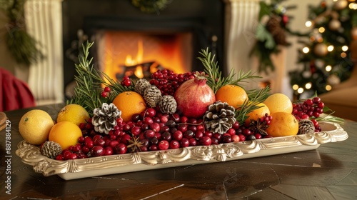 Festive centerpiece with pomegranates, oranges and cranberries.