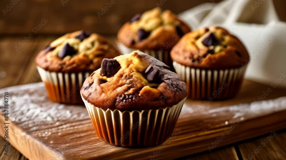Deliciously baked chocolate chip muffins ready to be enjoyed Deliciously baked chocolate chip muffins ready to be enjoyed