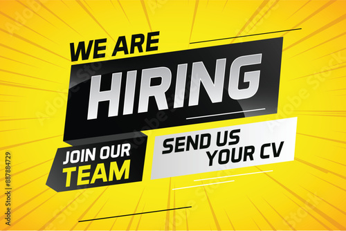 Hiring recruitment design for banner poster. We are hiring lettering with geometric shapes lines. Vector illustration typographic. Open vacancy design template


