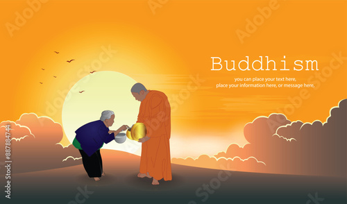 Elderly woman giving alms in the morning, golden yellow sky and clouds vector illustration background - Magha Puja, Asanha Puja, Vesak Puja Day