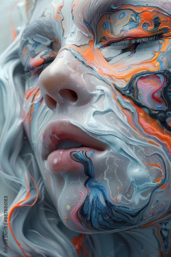 Naklejka premium Abstract portrait of a woman with swirling paint covering her face. A vibrant and colorful image exploring the themes of art and identity.