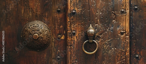 An aged metal doorknob on a vintage wooden door featuring traditional windows doors and locks in a Moroccan style all set against a copy space image