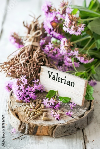 Valerian supplements flowers and capsules. Selective focus.