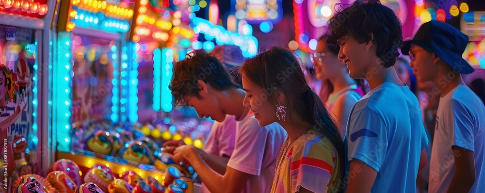 Vibrant Fun at Summer Fair: Group of Friends Playing Carnival Games Amidst Prizes and Neon Lights Vibrant Fun at Summer Fair: Group of Friends Playing Carnival Games Amidst Prizes and Neon Lights