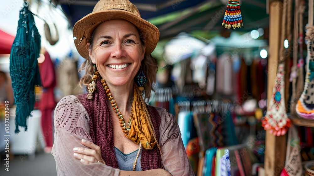 Obraz premium Vibrant Artisan Market Stall at Summer Fair with Handmade Crafts and Smiling Vendors