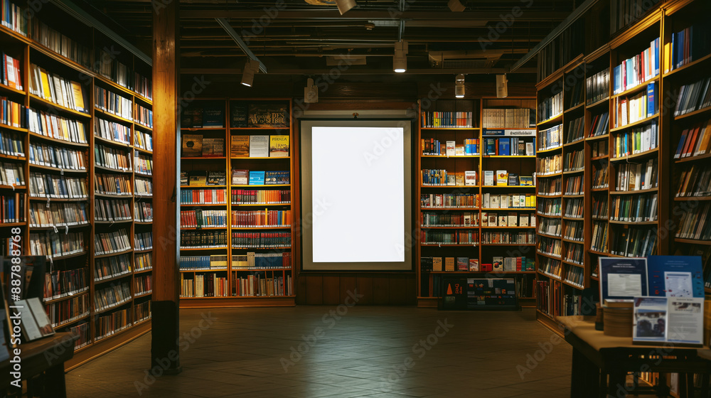 Interior of a quiet bookstore with wooden shelves filled with books, a blank advertising panel at the center, and various books and pamphlets on small tables. Interior of a quiet bookstore with wooden shelves filled with books, a blank advertising panel at the center, and various books and pamphlets on small tables.