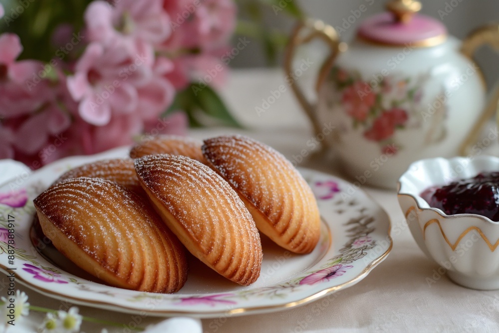 Madeleine biscuit cookies on a plate with a bowl of homemade jam nearby on the kitchen table. Flowers on the background. Concept: advertising food photo, French traditional dessert, for culinary blog Madeleine biscuit cookies on a plate with a bowl of homemade jam nearby on the kitchen table. Flowers on the background. Concept: advertising food photo, French traditional dessert, for culinary blog