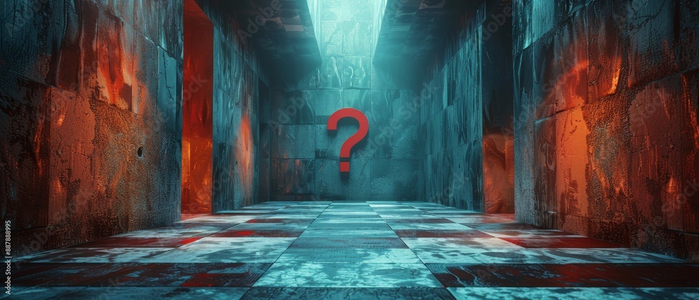 A dark, empty room with a red question mark on the wall A dark, empty room with a red question mark on the wall