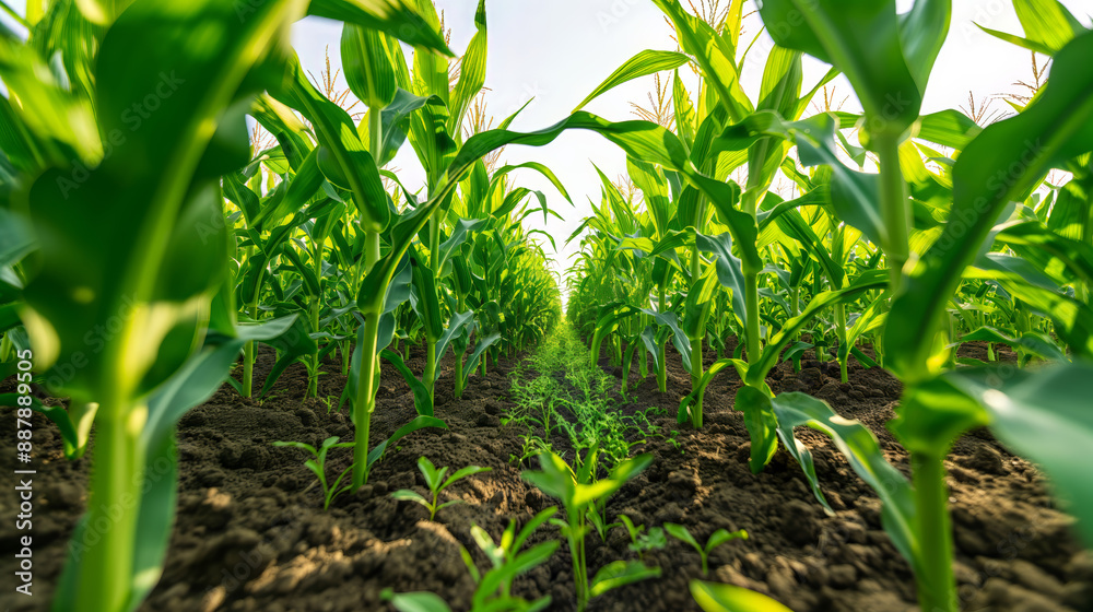 Obraz premium Vibrant Cornfield Under Clear Sky from Ground Level