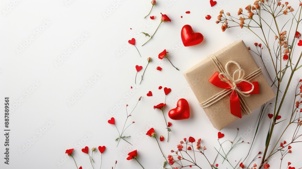 Valentine s Day theme gift box flowers and heart on white backdrop Valentine s Day theme gift box flowers and heart on white backdrop