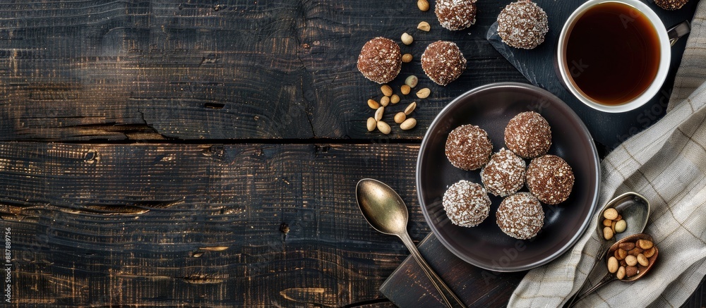 Top down view of nut balls dessert placed on a dark wooden table perfect for a delightful coffee break with a spacious copy space image