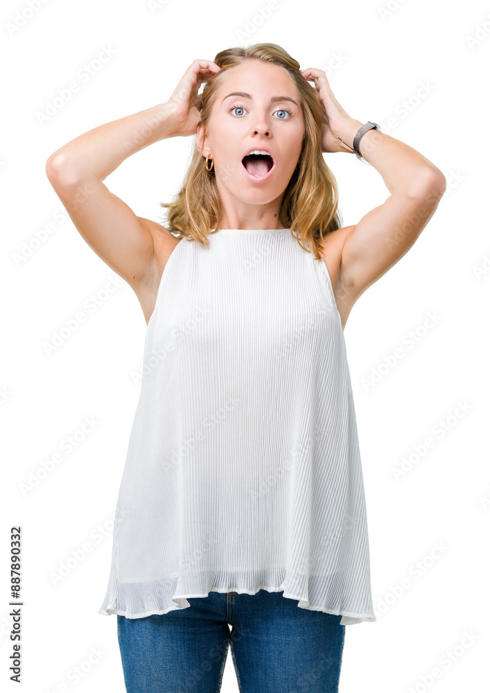 Beautiful young elegant woman over isolated background Crazy and scared with hands on head, afraid and surprised of shock with open mouth Beautiful young elegant woman over isolated background Crazy and scared with hands on head, afraid and surprised of shock with open mouth