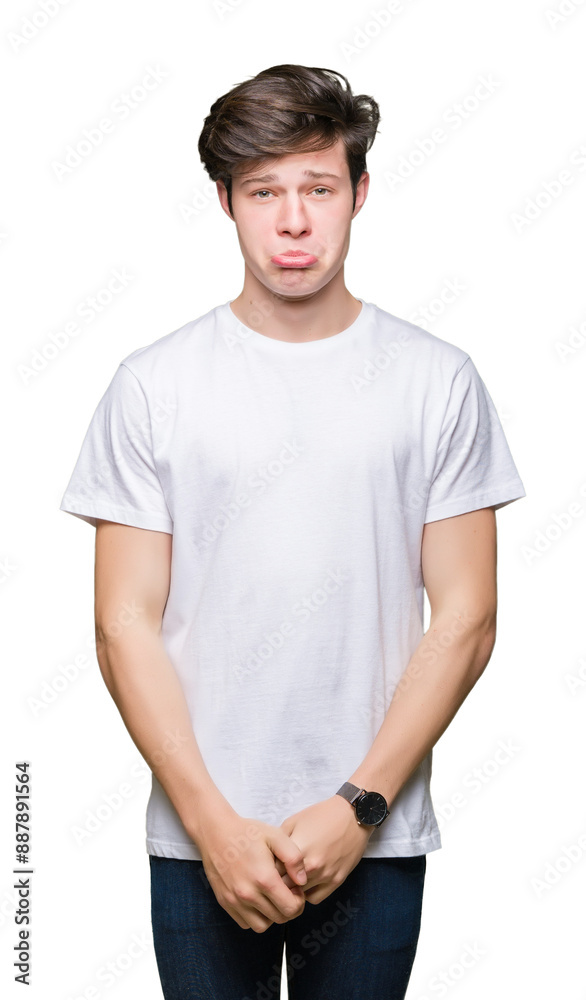 Young handsome man wearing casual white t-shirt over isolated background depressed and worry for distress, crying angry and afraid. Sad expression. Young handsome man wearing casual white t-shirt over isolated background depressed and worry for distress, crying angry and afraid. Sad expression.